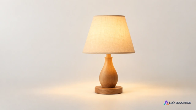 Une lampe en bois allumée, sans inscription, est isolée sur un fond clair ; elle annonce le métier d’un atelier fictif.
