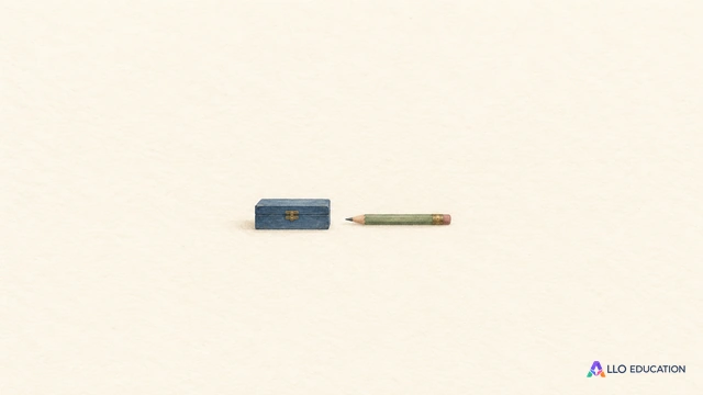 Une petite boîte à souvenirs fermée et un crayon entiers évoquent l’écriture et la réflexion.
