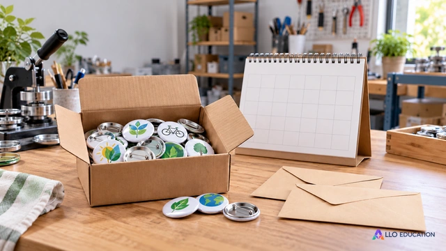 Colis de badges dans un atelier, avec calendrier vierge et enveloppes : des objets évoquent une livraison et ses échanges.