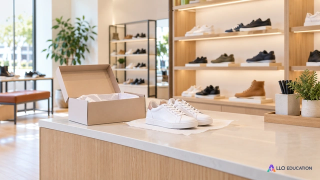 Paire de chaussures préparée au comptoir d’une boutique : la scène évoque le passage de la commande au retrait.
