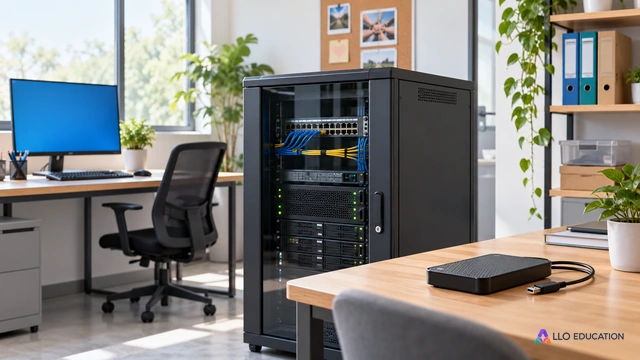 Serveur, poste de travail et support de sauvegarde séparé dans un bureau.