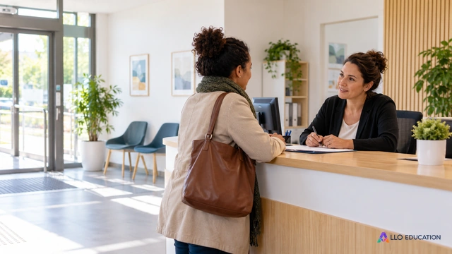 Accueil accessible d’un centre de santé-social, où une visiteuse échange avec une agente.
