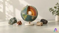 Globe pédagogique en coupe, petites pierres et socle clair sur une table de musée.