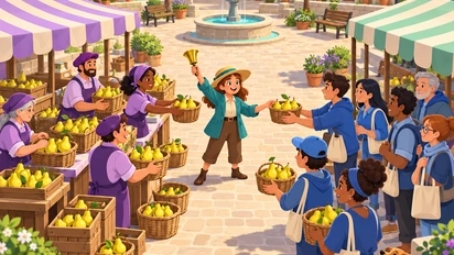 Une crieuse en veste sarcelle fait circuler des paniers de poires entre producteurs violets et acheteurs bleus, sur une place aux étals lavande et menthe.